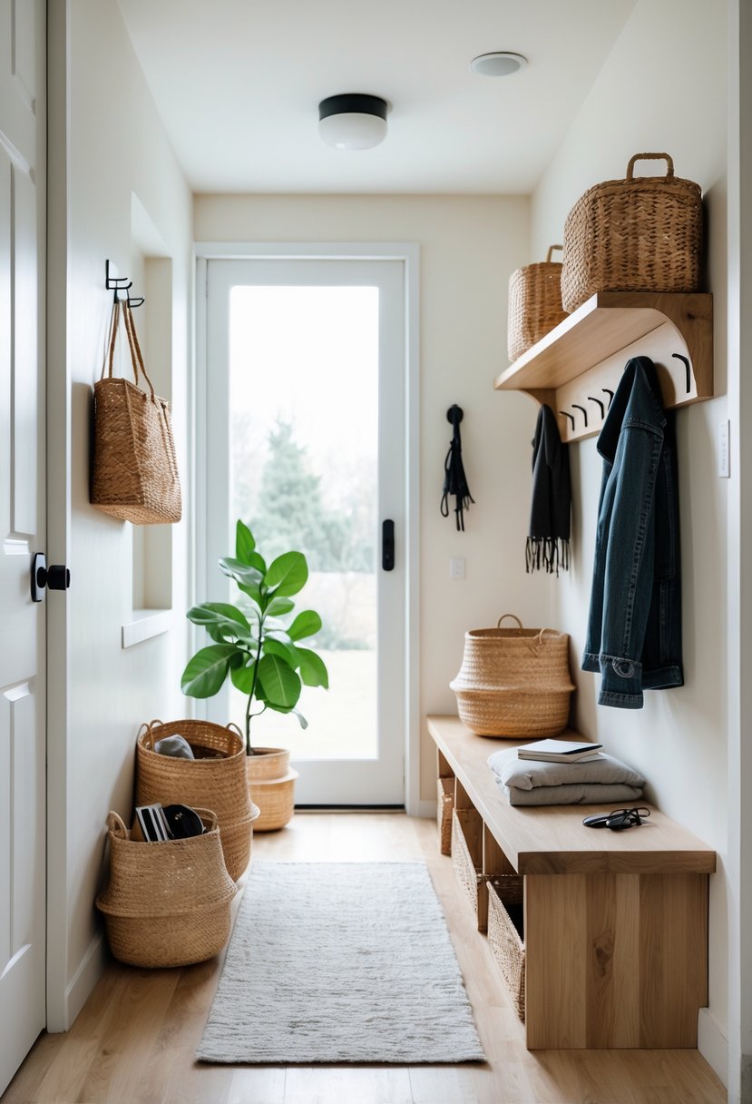 A small entryway with shelves and a bench holding baskets and bins filled with miscellaneous items like scarves and keys.