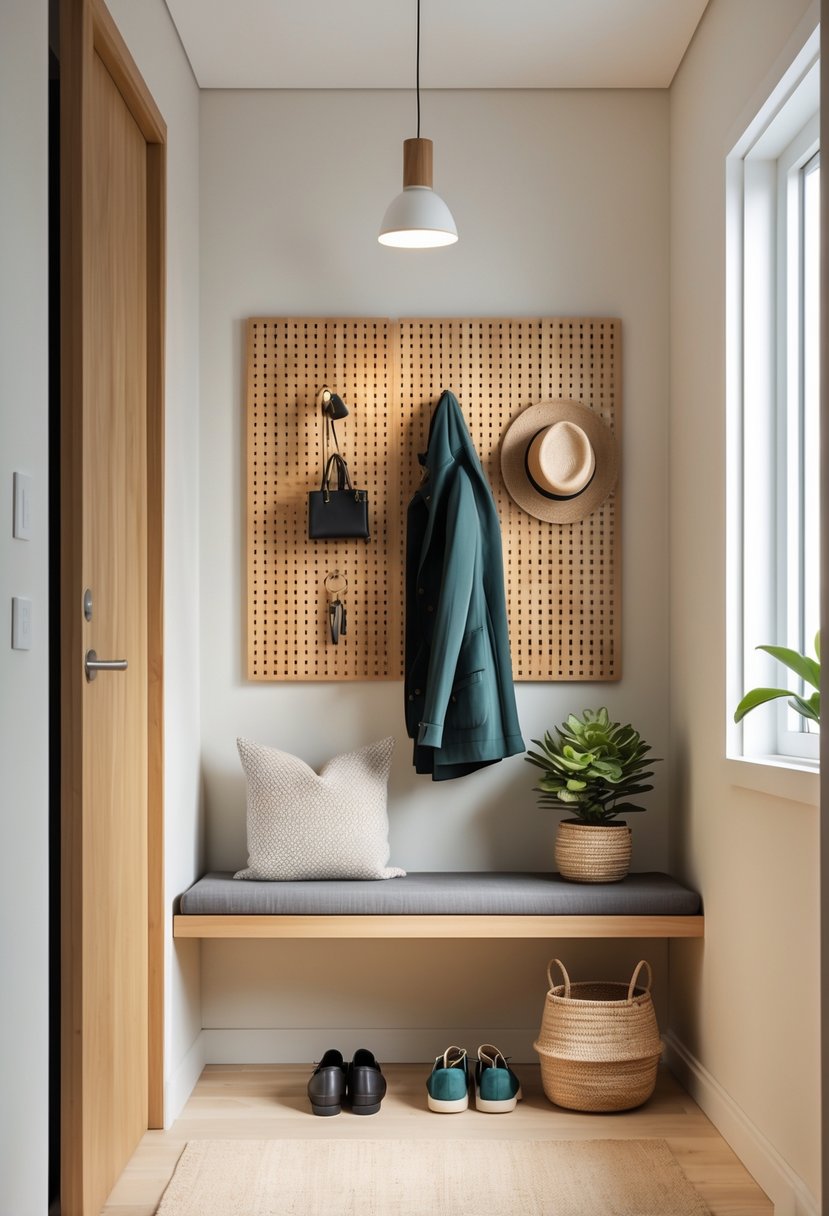 Small home entryway with a wooden pegboard holding keys, a plant, a hat, and a jacket above a bench with shoes on the floor.