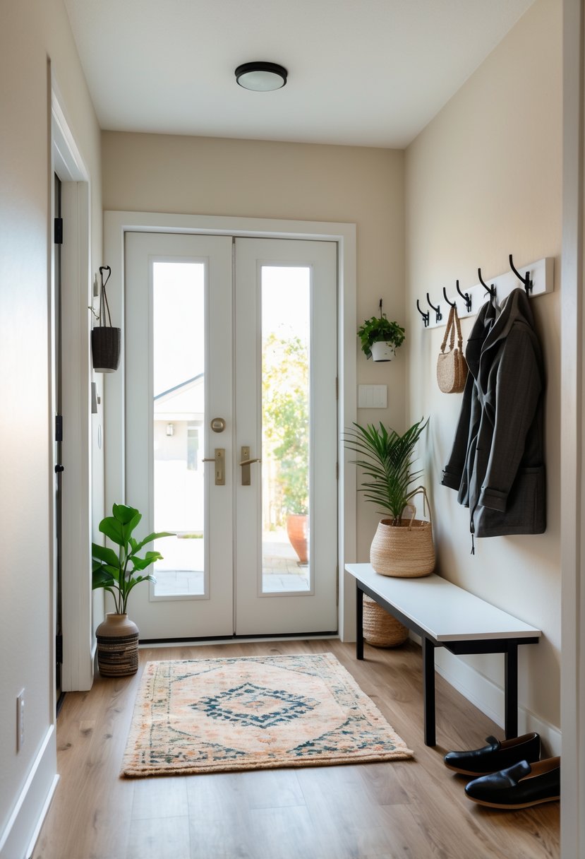 A small home entryway with a rug defining the entry zone, a bench, coat hooks, and shoe storage.