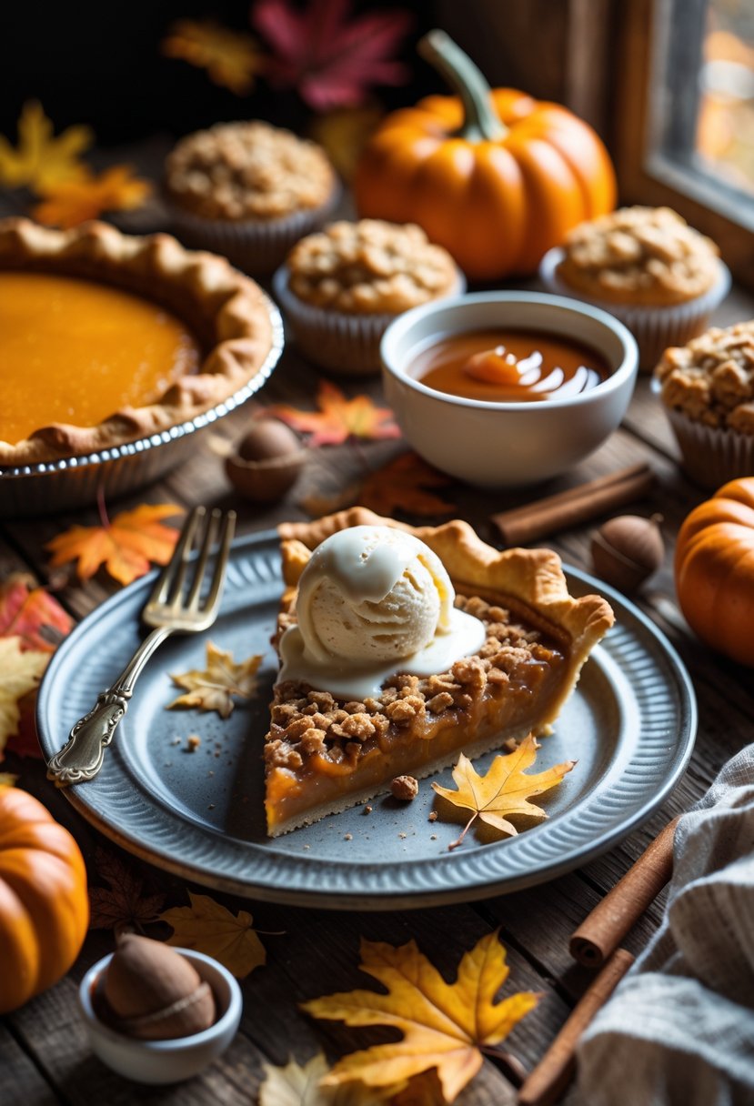 A table with various fall desserts including pumpkin pie, apple crisp with ice cream, muffins, and seasonal decorations like small pumpkins and autumn leaves.