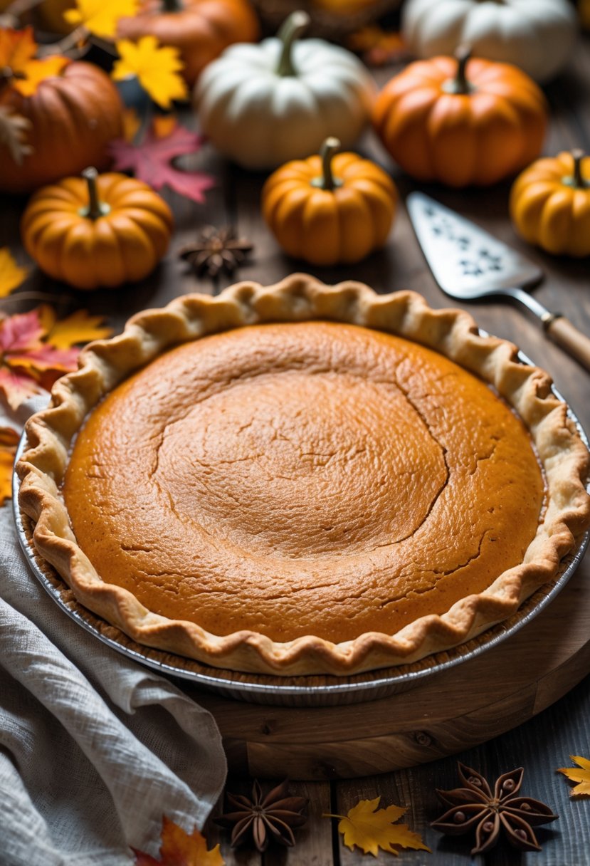 A classic pumpkin pie on a wooden table surrounded by fall leaves, small pumpkins, and spices.