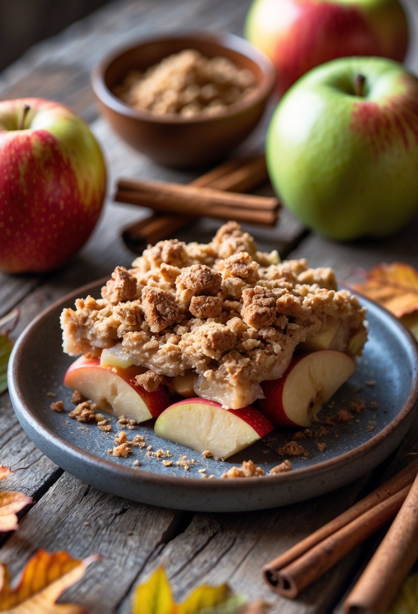 A freshly baked apple crisp dessert on a wooden table surrounded by cinnamon sticks, apples, and fall leaves.