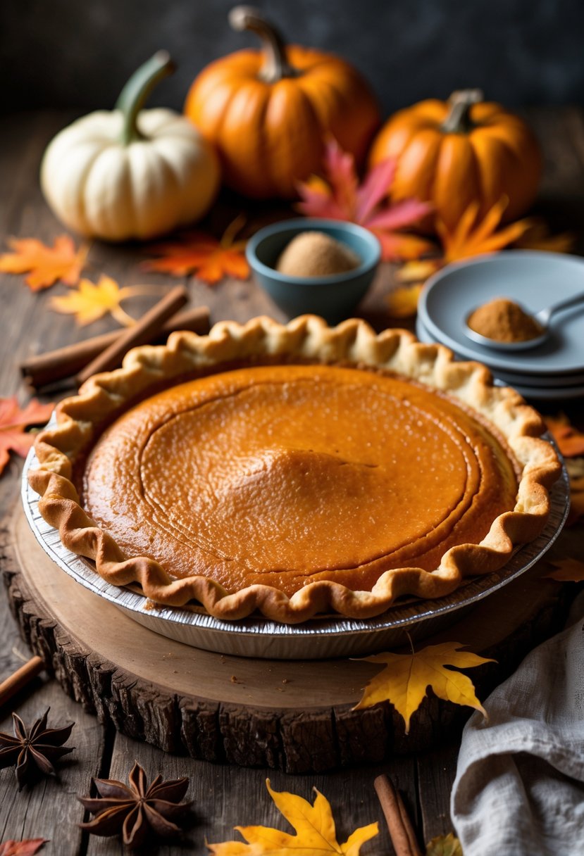 A freshly baked sweet potato pie on a wooden table surrounded by autumn leaves, spices, and pumpkins.