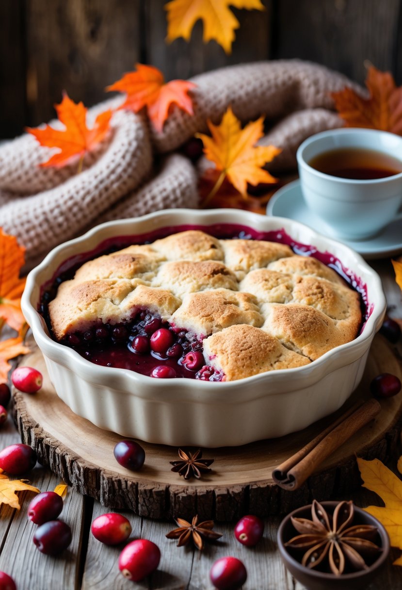 A freshly baked cranberry cobbler in a ceramic dish on a wooden table surrounded by fresh cranberries, cinnamon sticks, fall leaves, and a cup of tea.