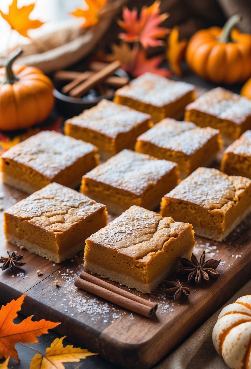 Freshly baked pumpkin bars on a wooden board surrounded by small pumpkins, cinnamon sticks, star anise, and colorful fall leaves.