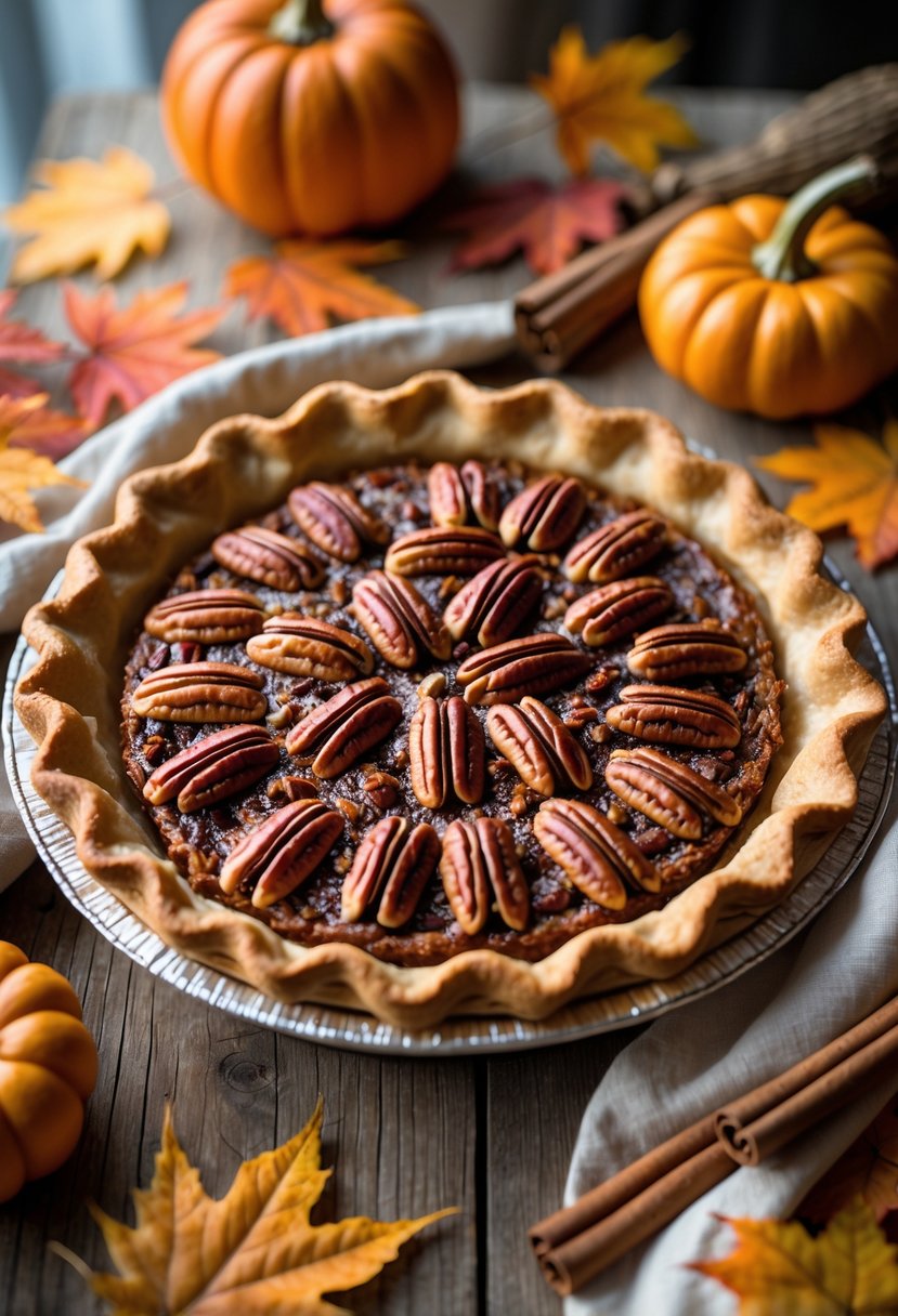 A freshly baked pecan pie on a wooden table surrounded by autumn leaves, small pumpkins, and cinnamon sticks.