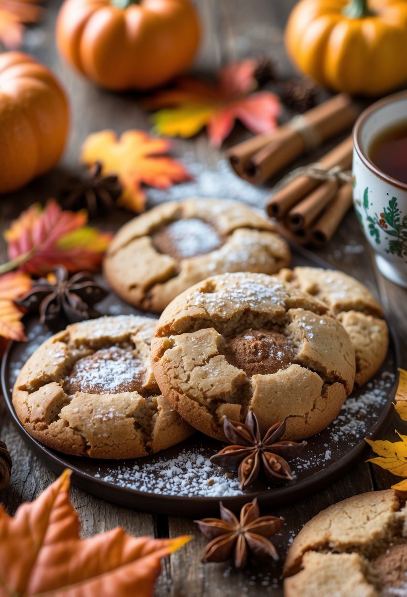 Freshly baked spice cookies on a wooden table surrounded by autumn leaves, pumpkins, cinnamon sticks, and a cup of warm drink.
