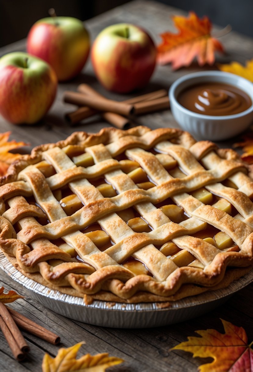 A freshly baked caramel apple pie on a wooden table surrounded by apples, cinnamon sticks, caramel sauce, and fall leaves.