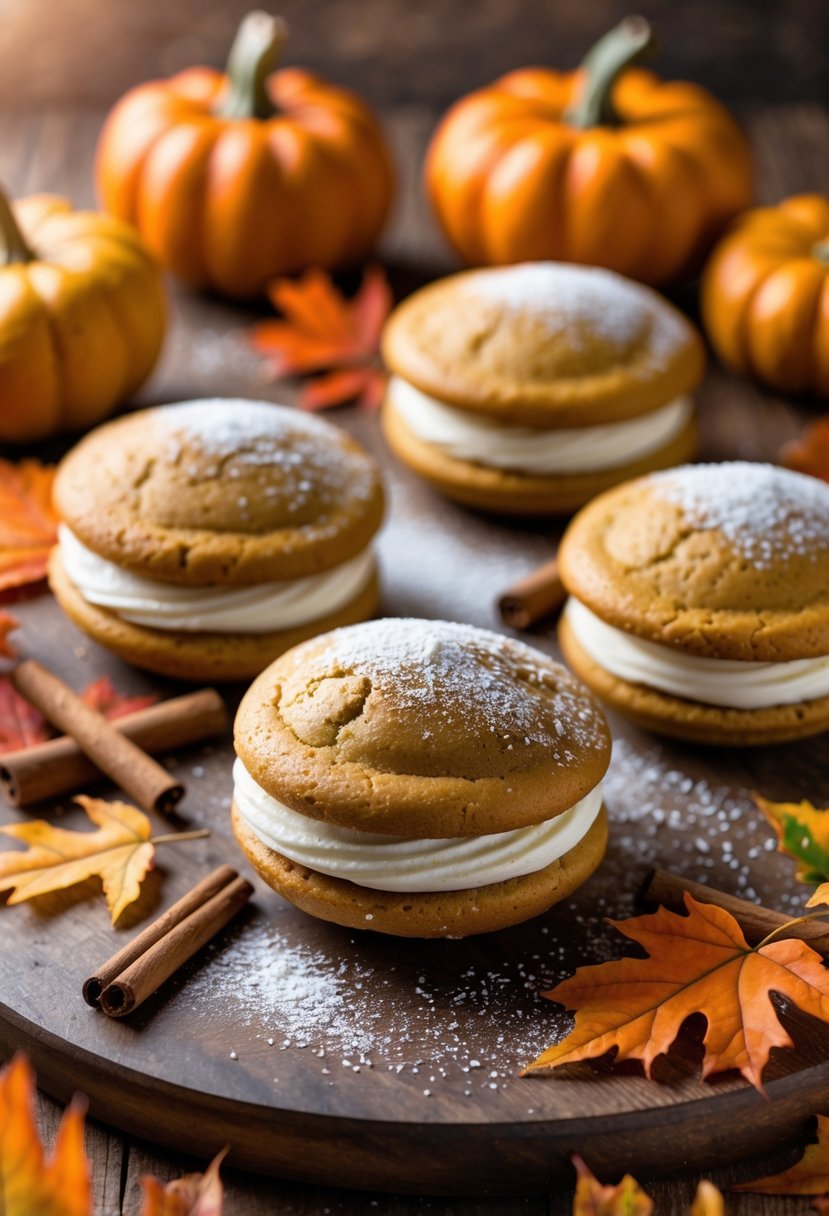 Fresh pumpkin whoopie pies with creamy filling on a wooden table surrounded by small pumpkins and fall leaves.