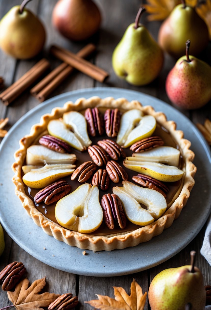 A pear and pecan tart on a wooden table surrounded by pecans, pears, cinnamon sticks, and fall leaves.