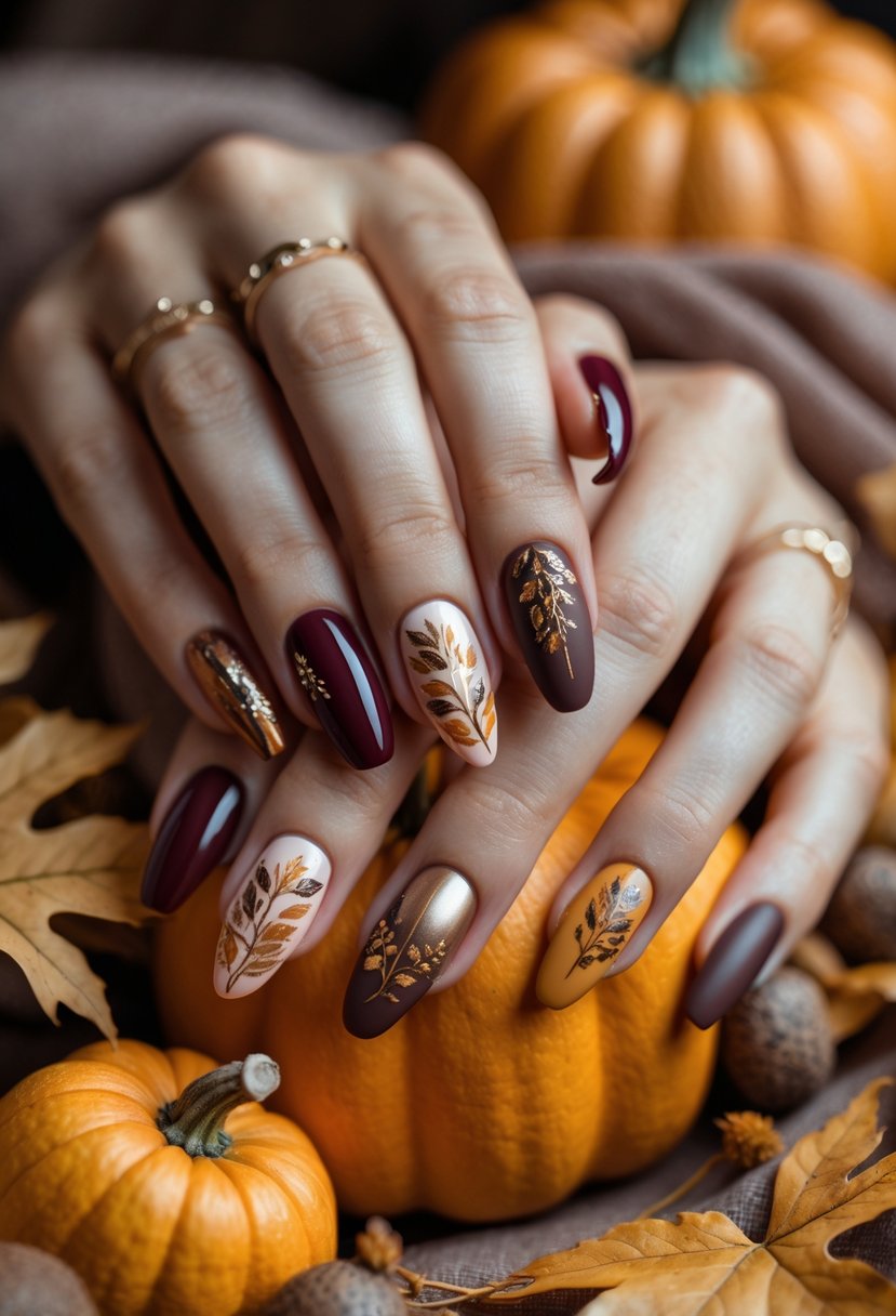 Close-up of hands with fall-themed nail art holding a small pumpkin surrounded by autumn leaves and acorns.