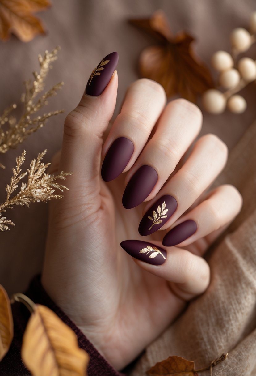 Close-up of hands with matte burgundy nails decorated with gold leaf accents against a warm fall background.