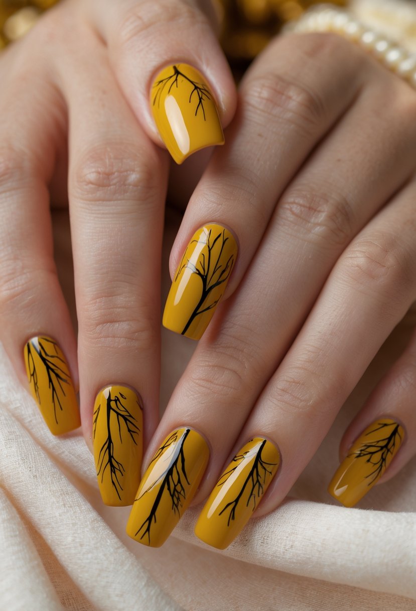 Close-up of hands with mustard yellow nails featuring delicate black vein patterns.