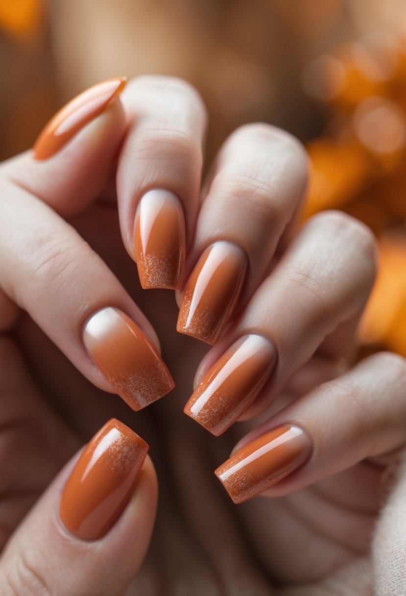 Close-up of hands with terra cotta orange gradient nails with shimmer, set against a warm autumn background.