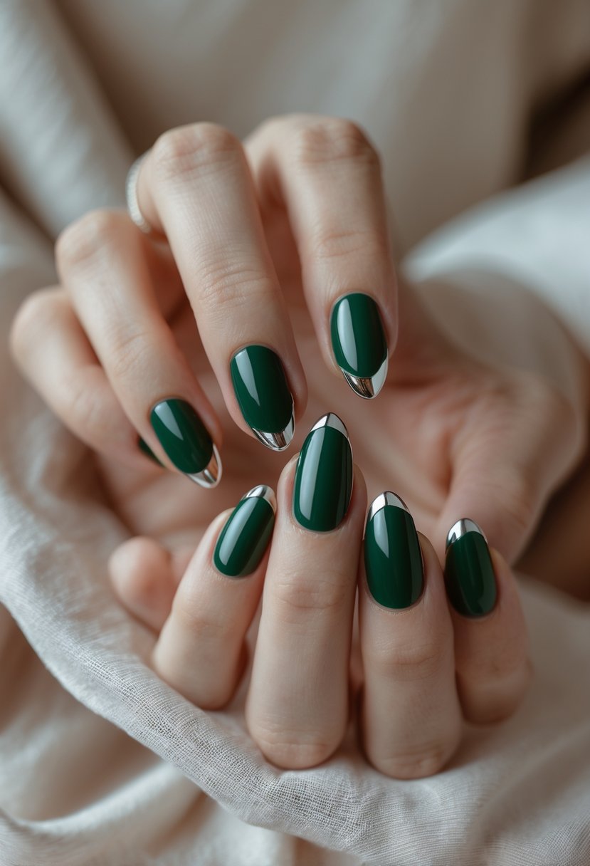 Close-up of hands with deep emerald green nails featuring shiny chrome tips.