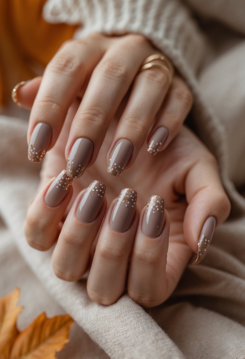 Close-up of hands with muted taupe nails decorated with small glitter dots.