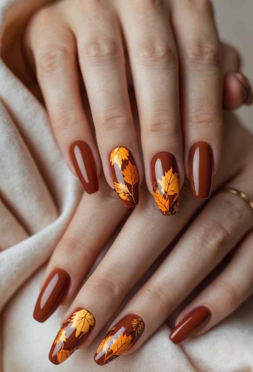 Close-up of hands with rust red nails featuring hand-painted autumn leaf designs.