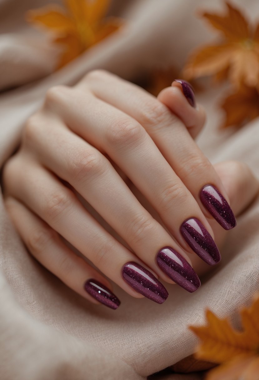 Close-up of a woman's hand with berry plum colored nails featuring subtle sparkle, resting against a warm autumn background.