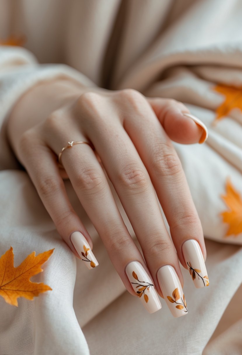 Close-up of hands with creamy beige nails featuring abstract fall-themed line art designs.