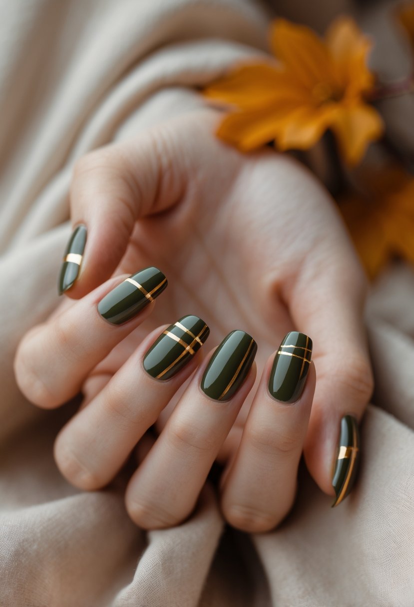 Close-up of hands with olive green nails featuring metallic gold stripes.