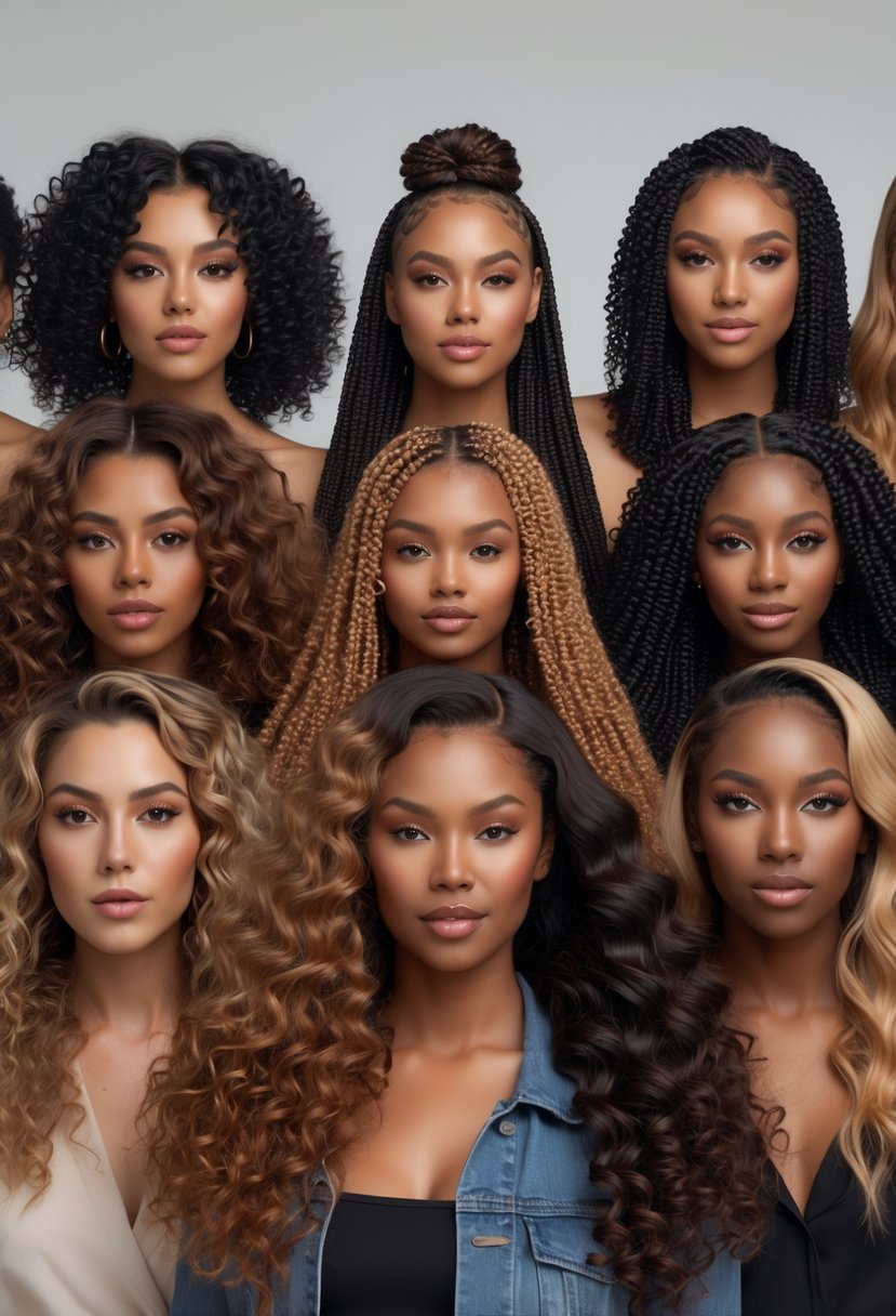 A group of people with different hairstyles and hair textures posing together against a plain background.