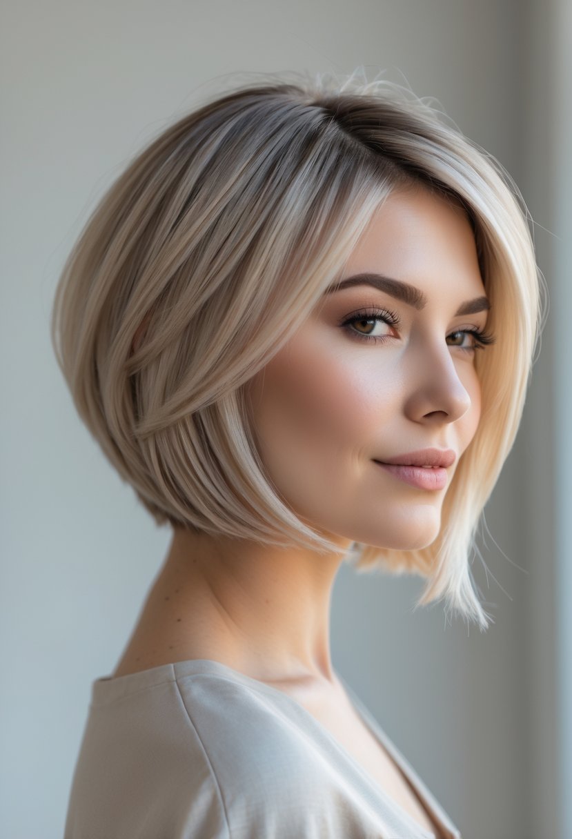 A woman with a layered bob haircut posing against a neutral background.
