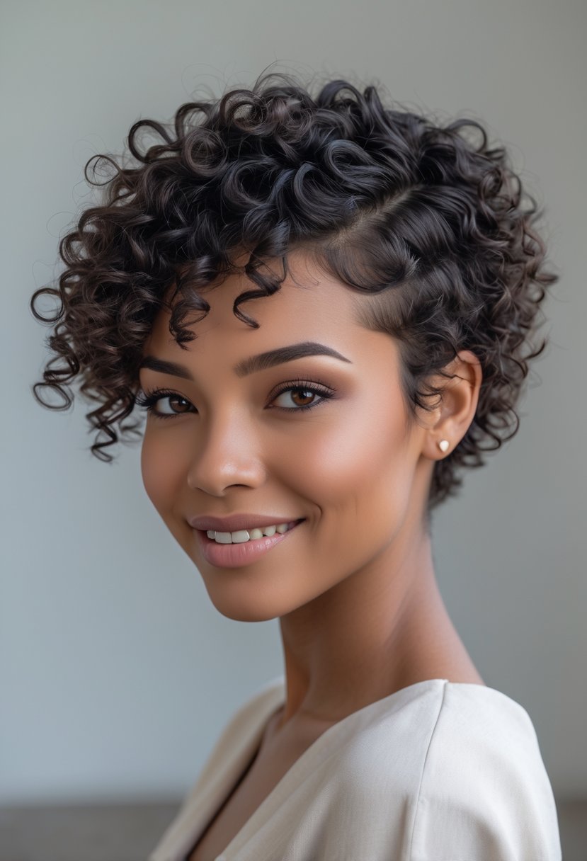 A young woman with a curly pixie cut smiling and looking at the camera against a plain background.