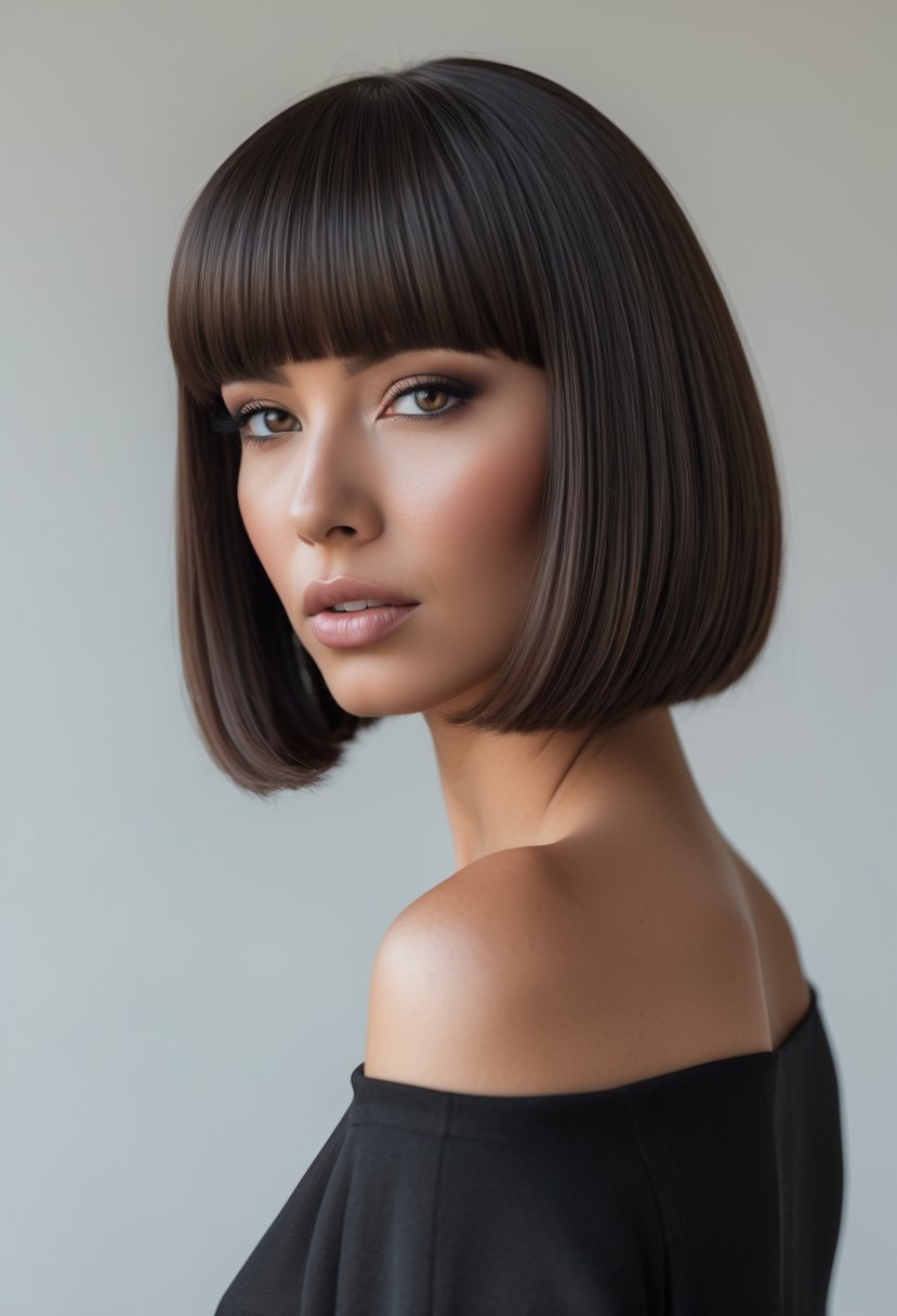 Portrait of a woman with a blunt bob haircut and curtain bangs, looking confidently at the camera against a plain background.