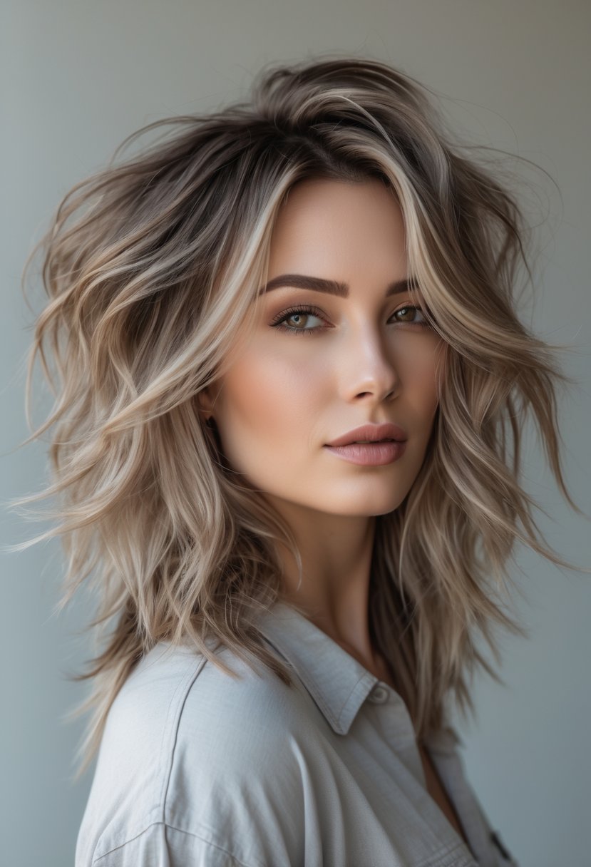 A woman with long shaggy layered hair standing against a plain background.