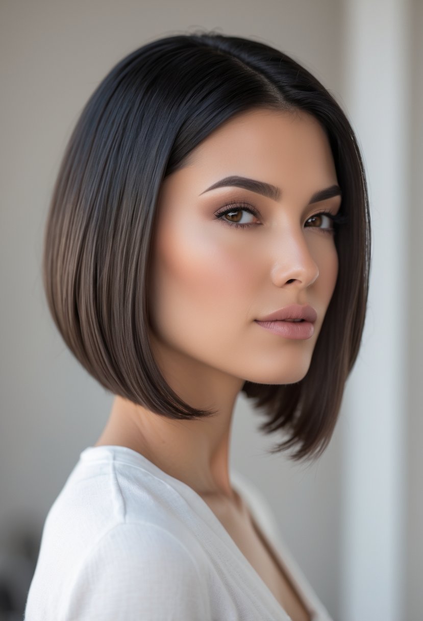 A woman with a sleek, middle-parted lob haircut looking slightly to the side against a blurred neutral background.