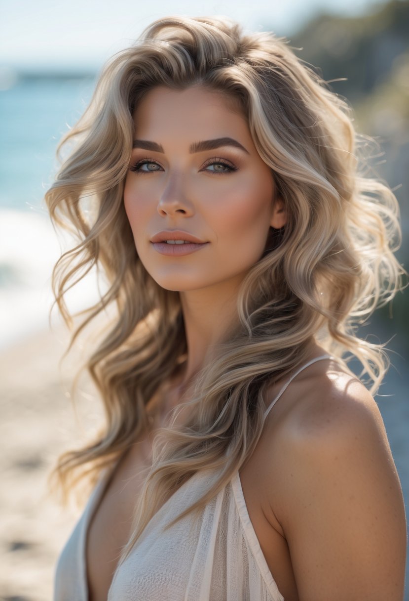 A woman outdoors with textured beach waves hairstyle and a blurred beach background.