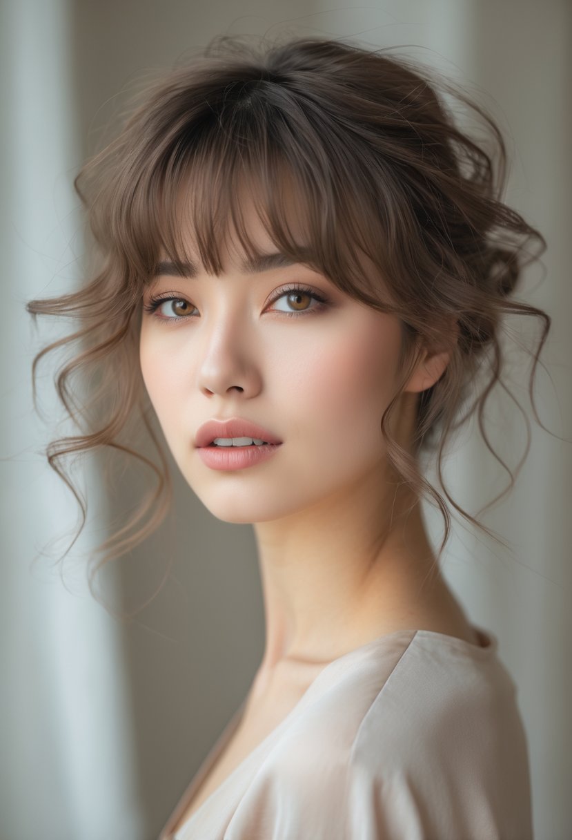 Close-up of a young woman with tousled curtain bangs hairstyle, looking slightly off-camera with a neutral background.