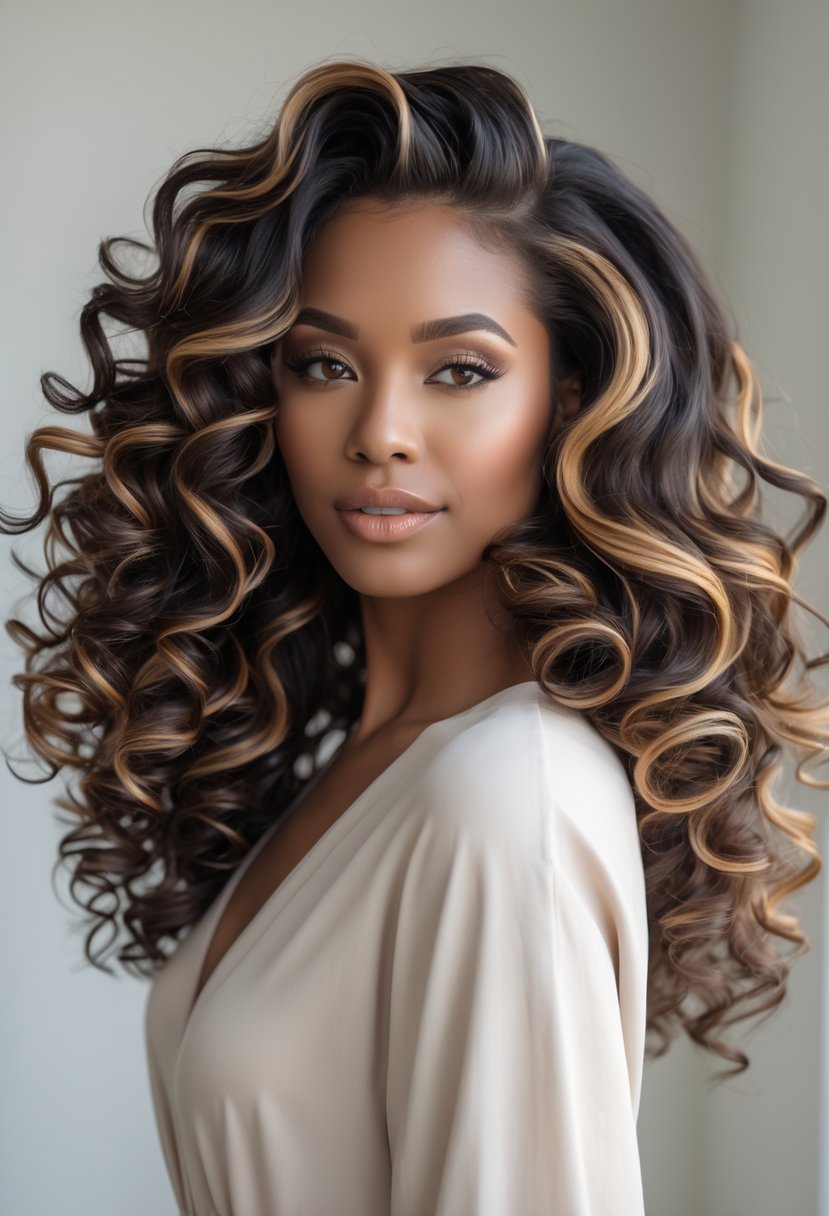 A woman with voluminous curly hair with natural highlights, shown from shoulders up against a plain background.