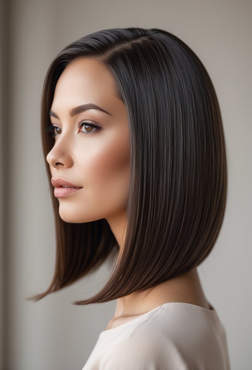 A woman with smooth, straight hair parted to the side, looking slightly away from the camera.
