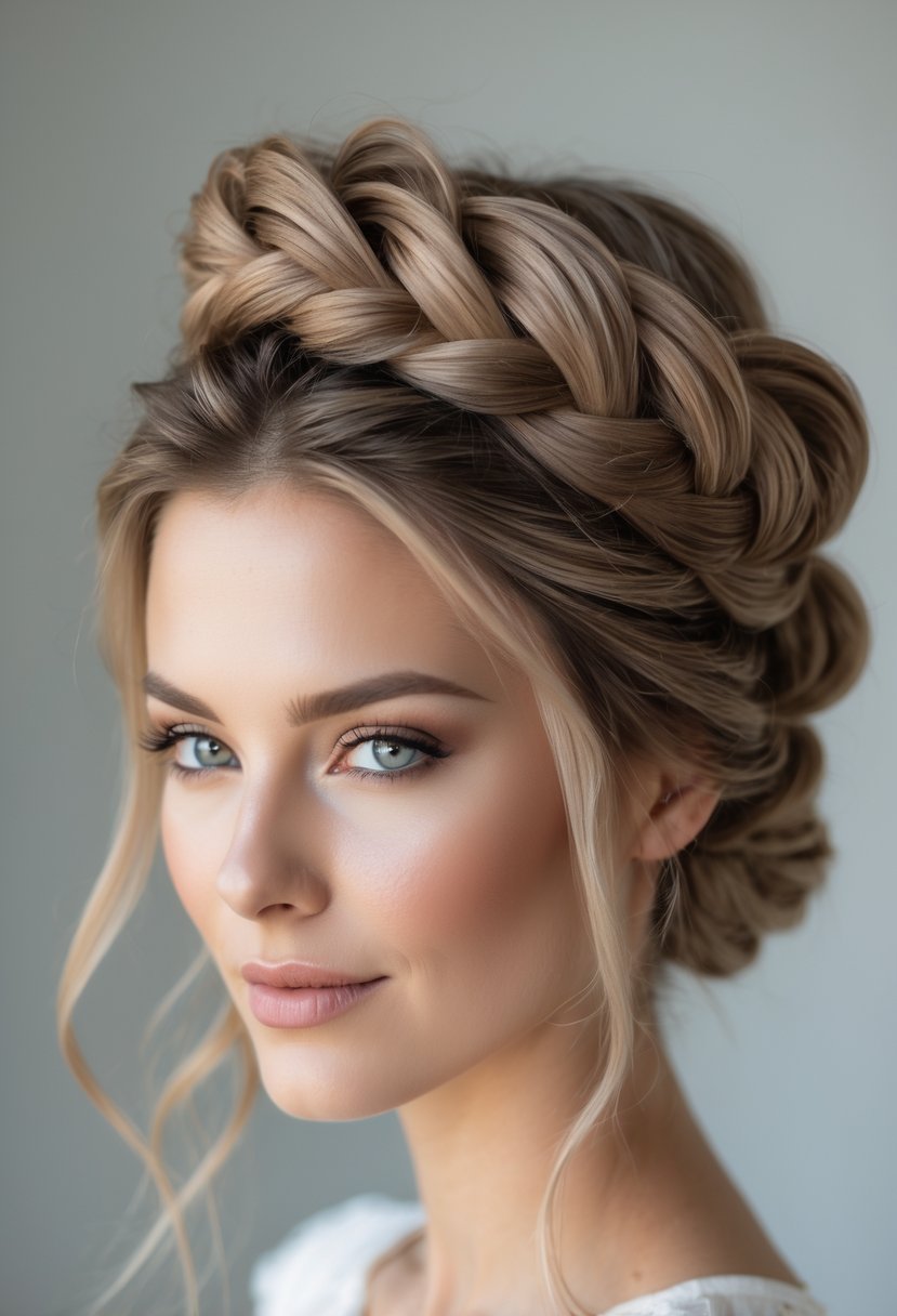 Close-up of a woman with a braided crown hairstyle wrapped around her head.