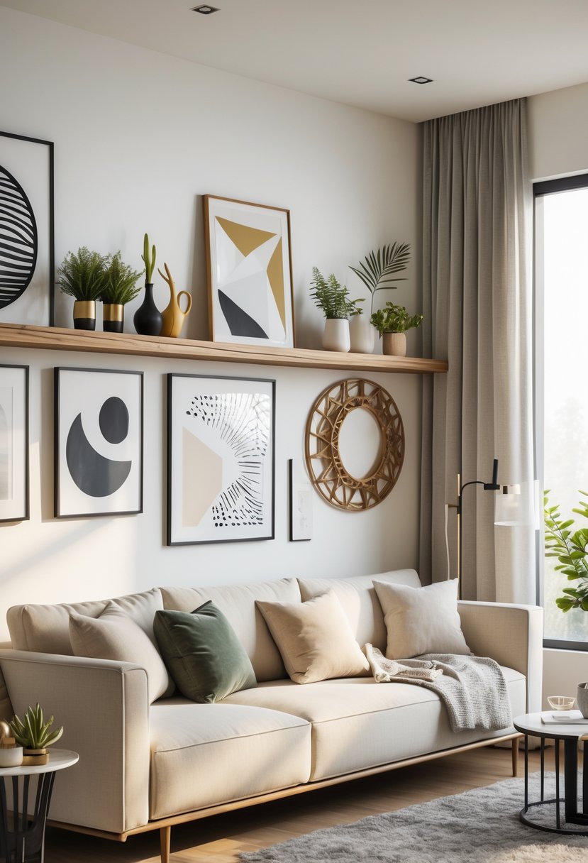 Living room with a blank wall decorated with framed art, floating shelf with plants and decor, and a sofa with pillows.