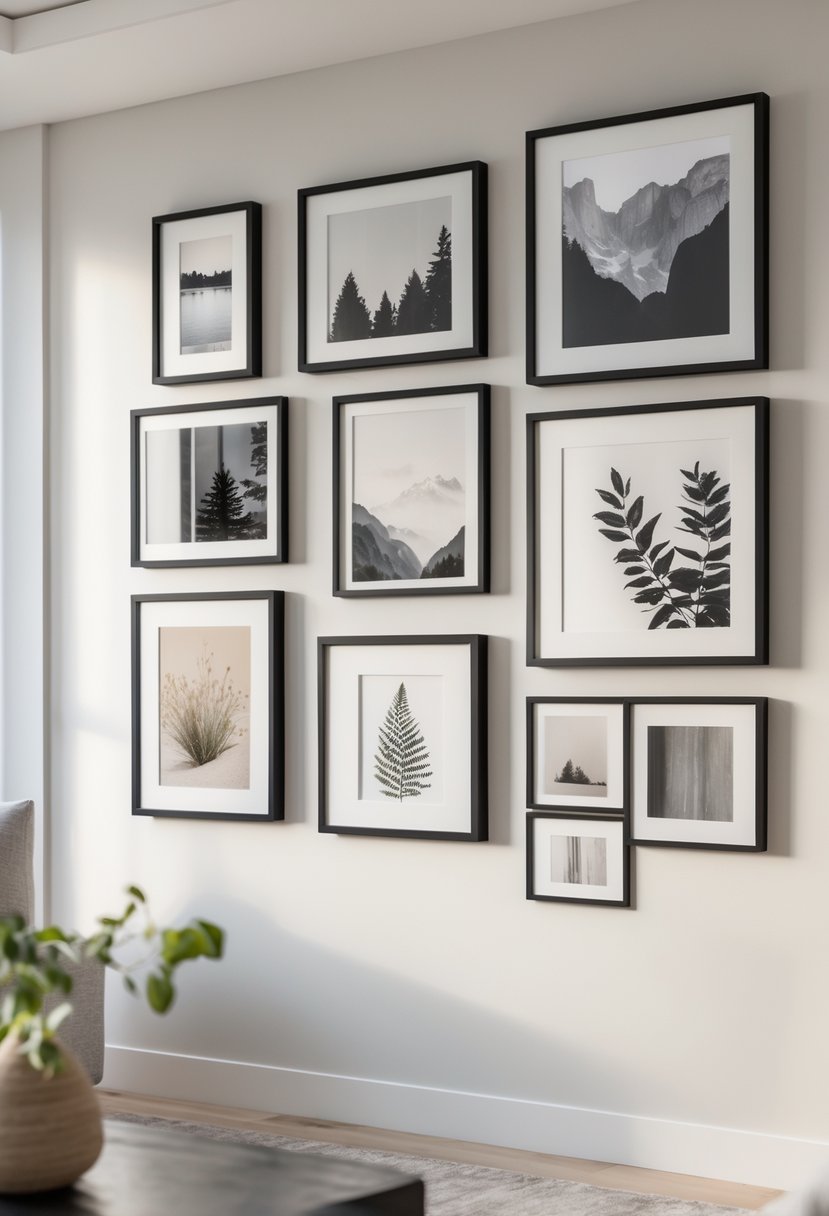 A wall decorated with a variety of framed artwork and photographs arranged in a balanced gallery style.