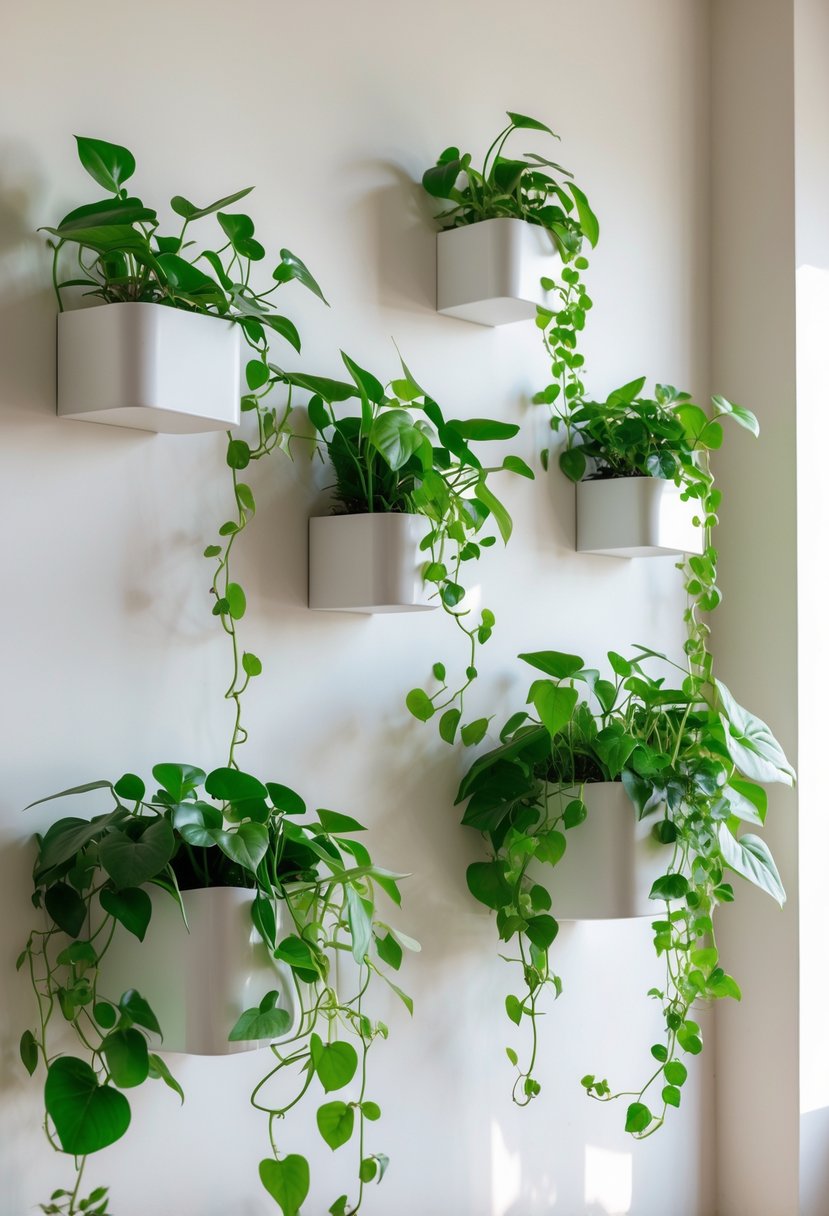 A blank wall decorated with multiple wall-mounted planters holding green pothos and philodendron plants with trailing vines.