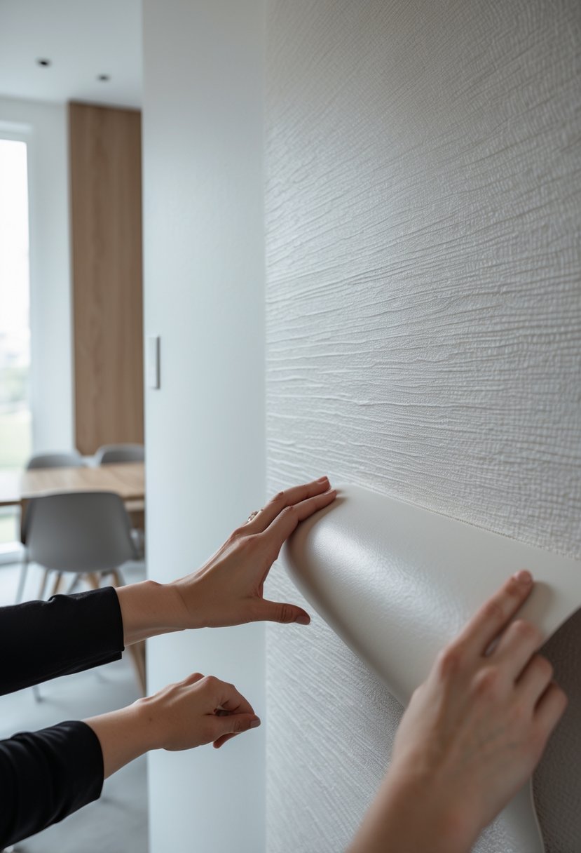 Person applying textured wallpaper to a blank wall in a bright, modern room.