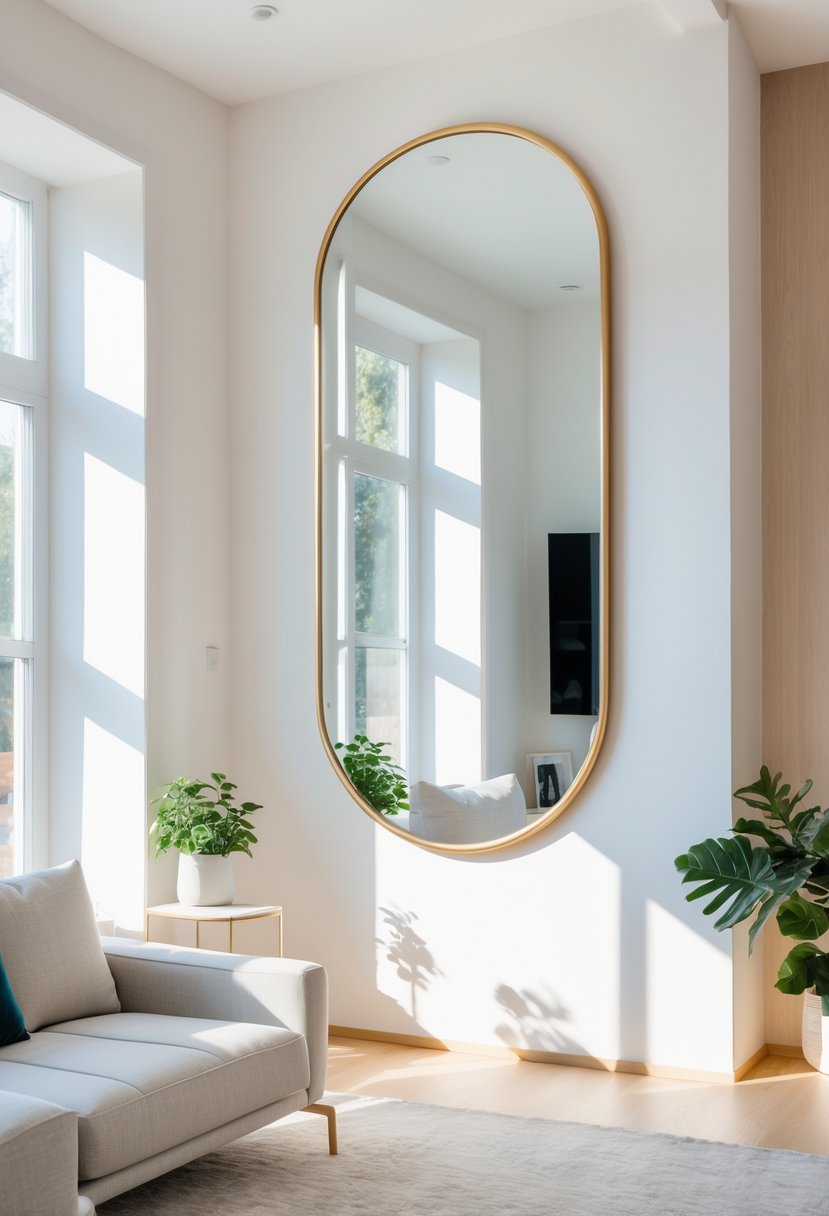 A large mirror hanging on a blank wall reflecting light in a bright living room with a sofa and a small plant.