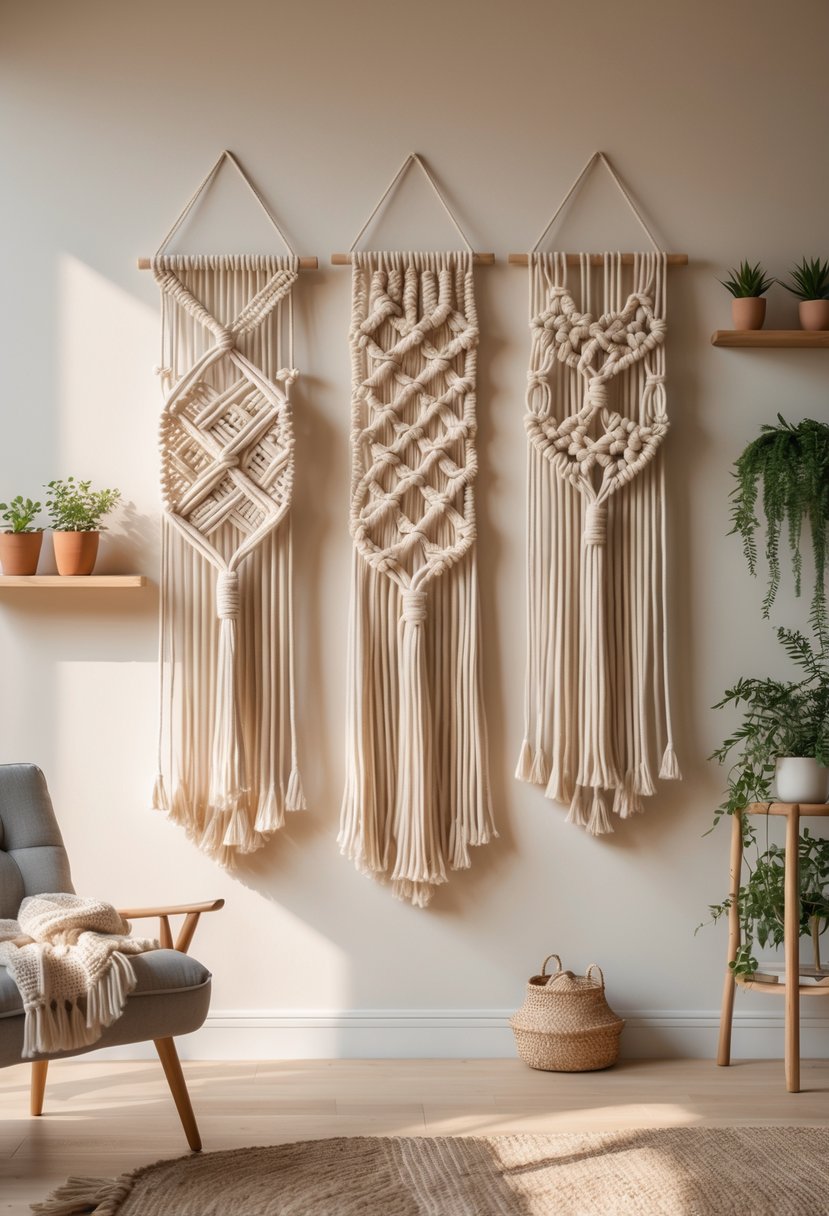 A blank wall decorated with detailed macrame wall hangings, next to a wooden shelf with plants and a cozy armchair.