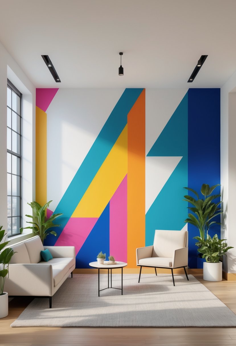 A bright room with a large wall painted with bold geometric shapes in vibrant colors, featuring simple furniture and plants.