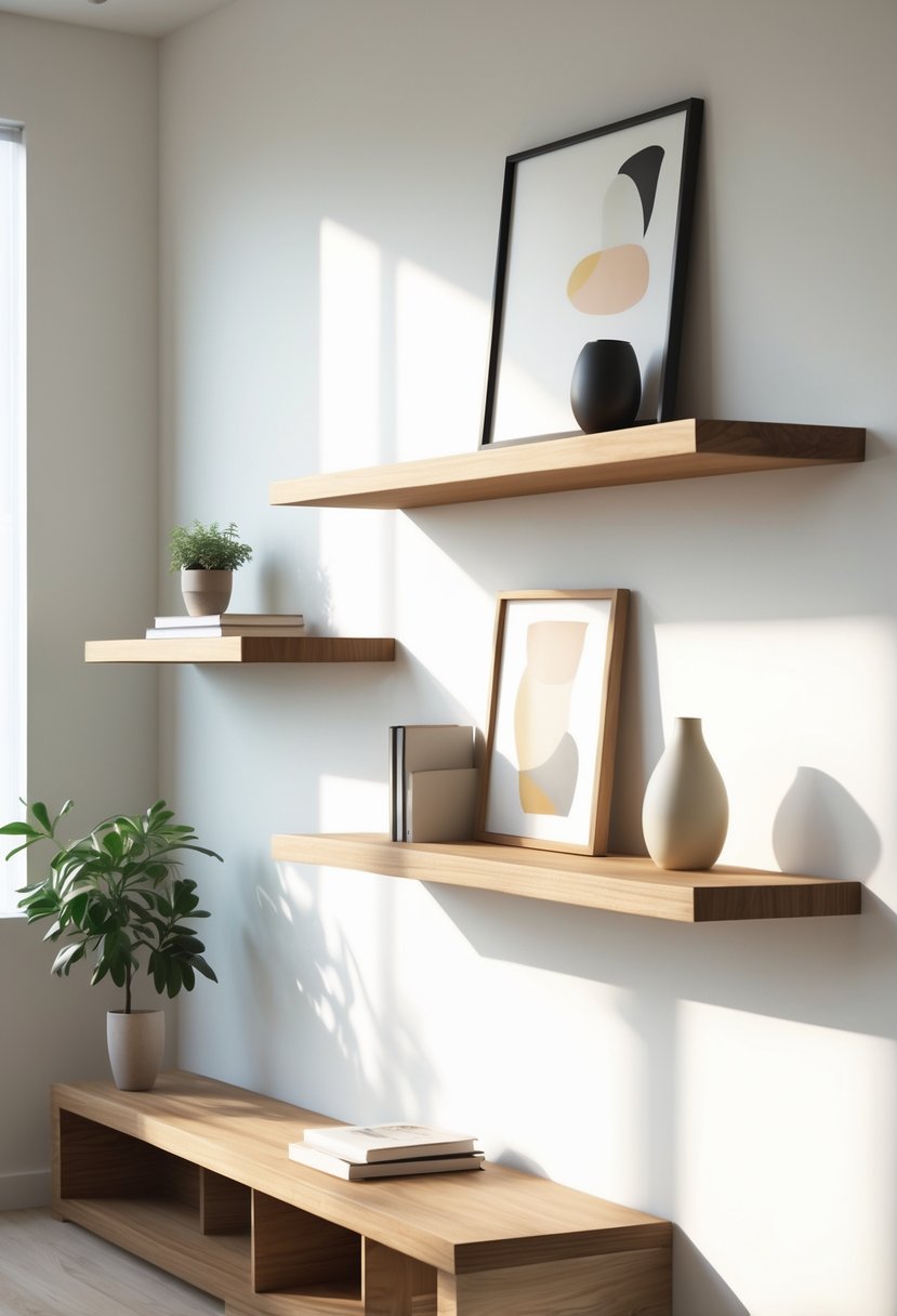 A white wall with wooden floating shelves holding a small plant, books, a vase, and a framed art piece.