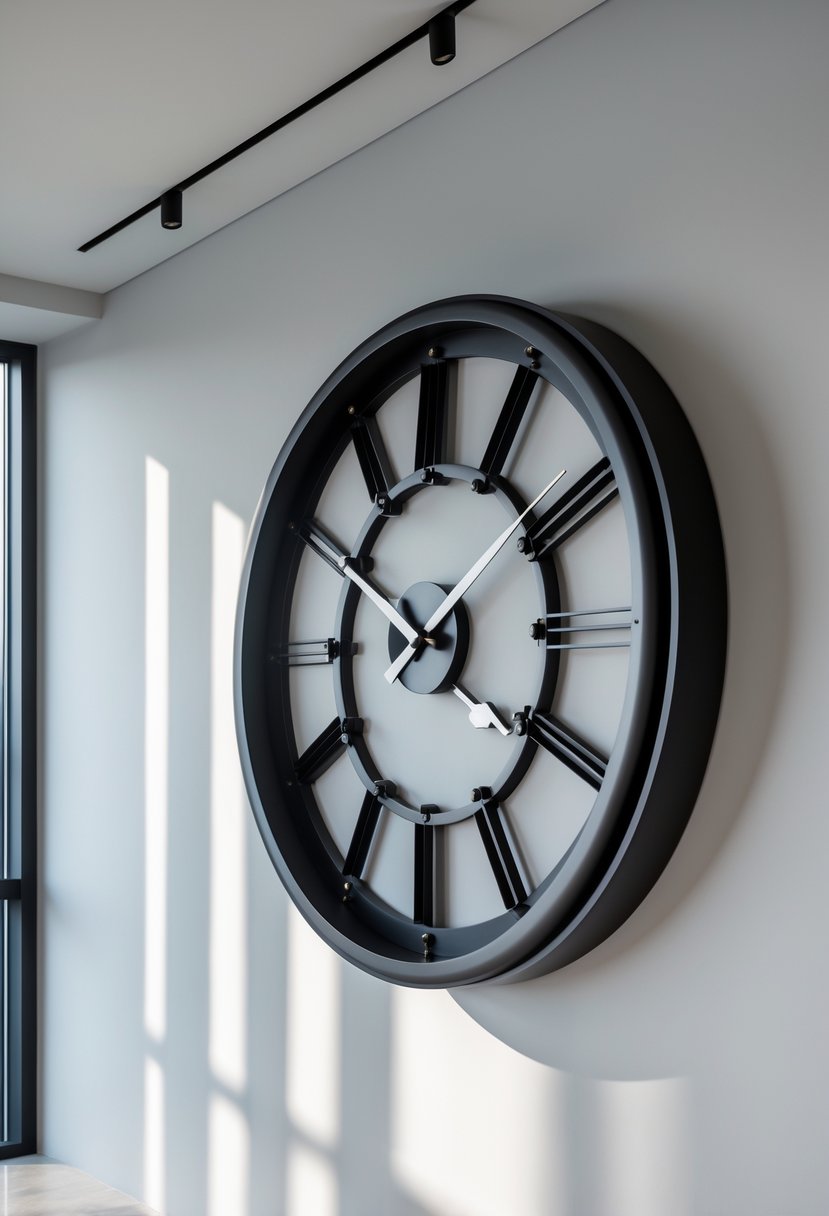 A large wall clock mounted on a blank wall in a modern room.