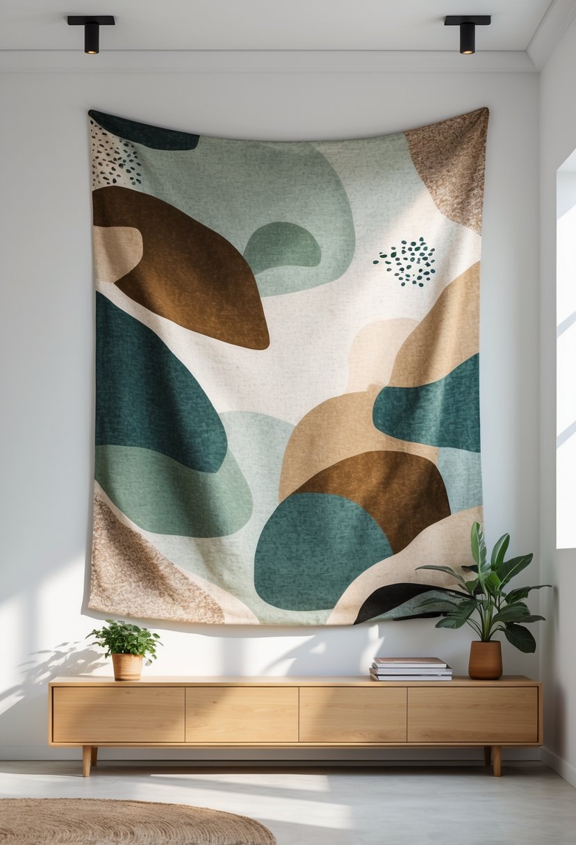 A large tapestry with abstract nature-inspired patterns hanging on a white wall above a wooden console table with a plant and books.