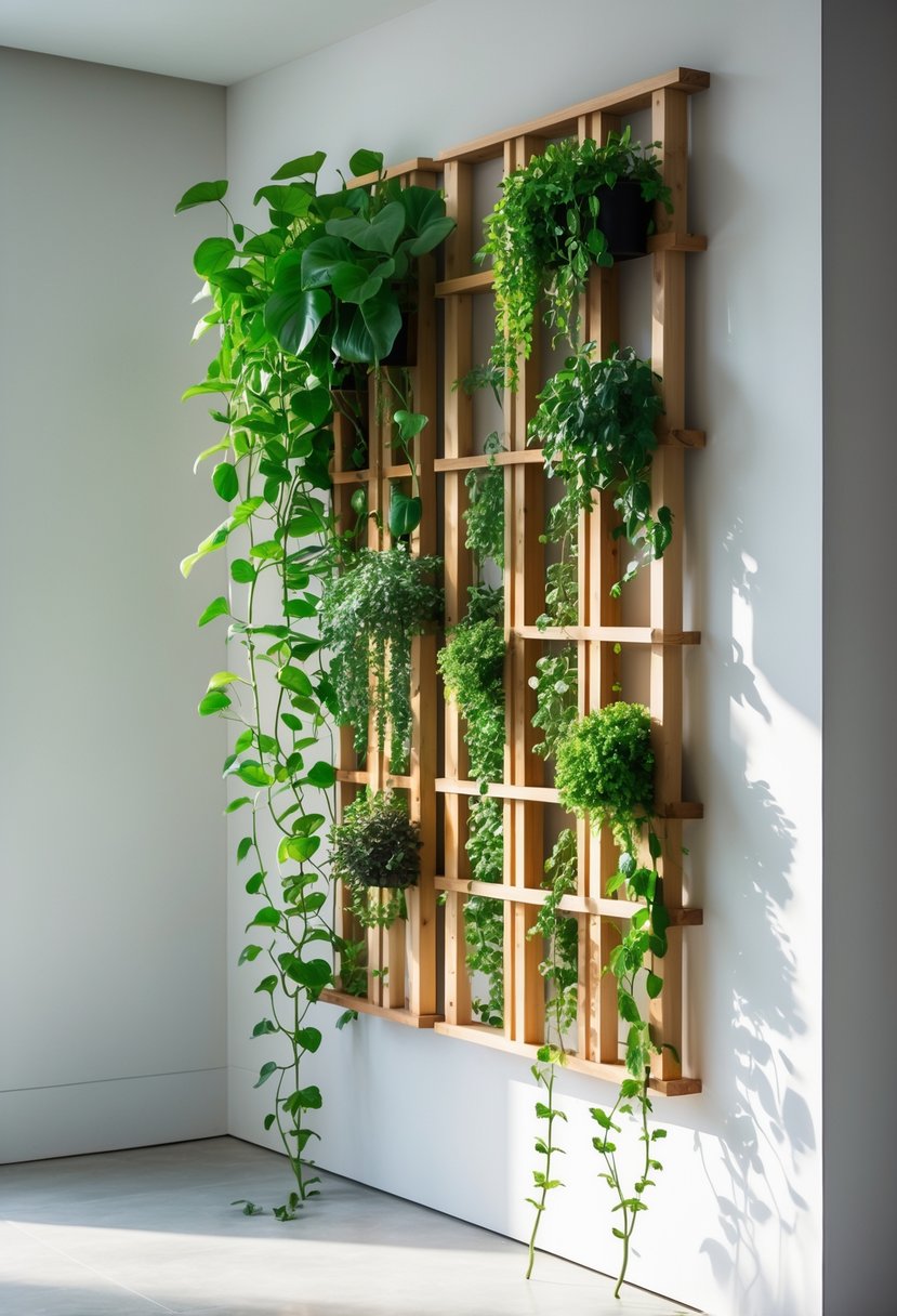 A blank white wall decorated with wooden trellises supporting green climbing plants, creating a vertical garden indoors.
