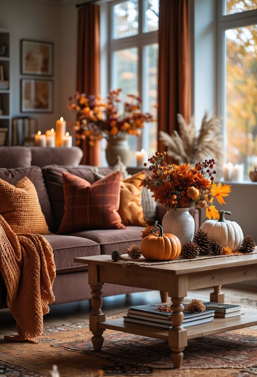 A living room decorated with warm fall colors including orange, red, and yellow, featuring a sofa, coffee table with pumpkins and leaves, and natural light coming through windows.