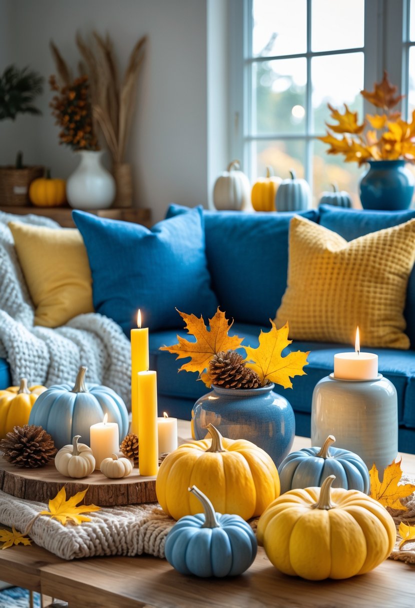 A cozy living room decorated with blue and golden yellow fall colors, featuring a blue sofa, yellow pillows, autumn decor, and warm natural light.