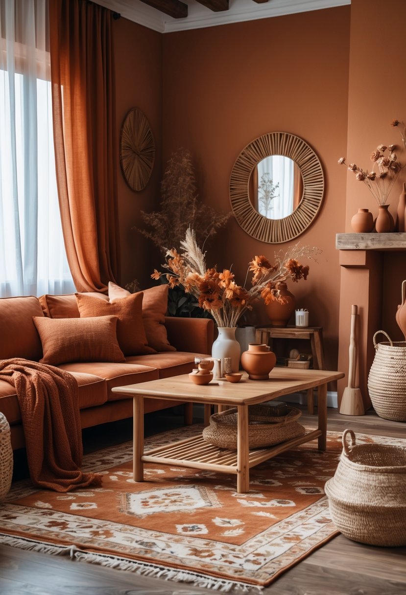A cozy living room with terracotta walls, ochre accents, a sofa with colorful pillows, a wooden coffee table, and autumn-themed decorations.