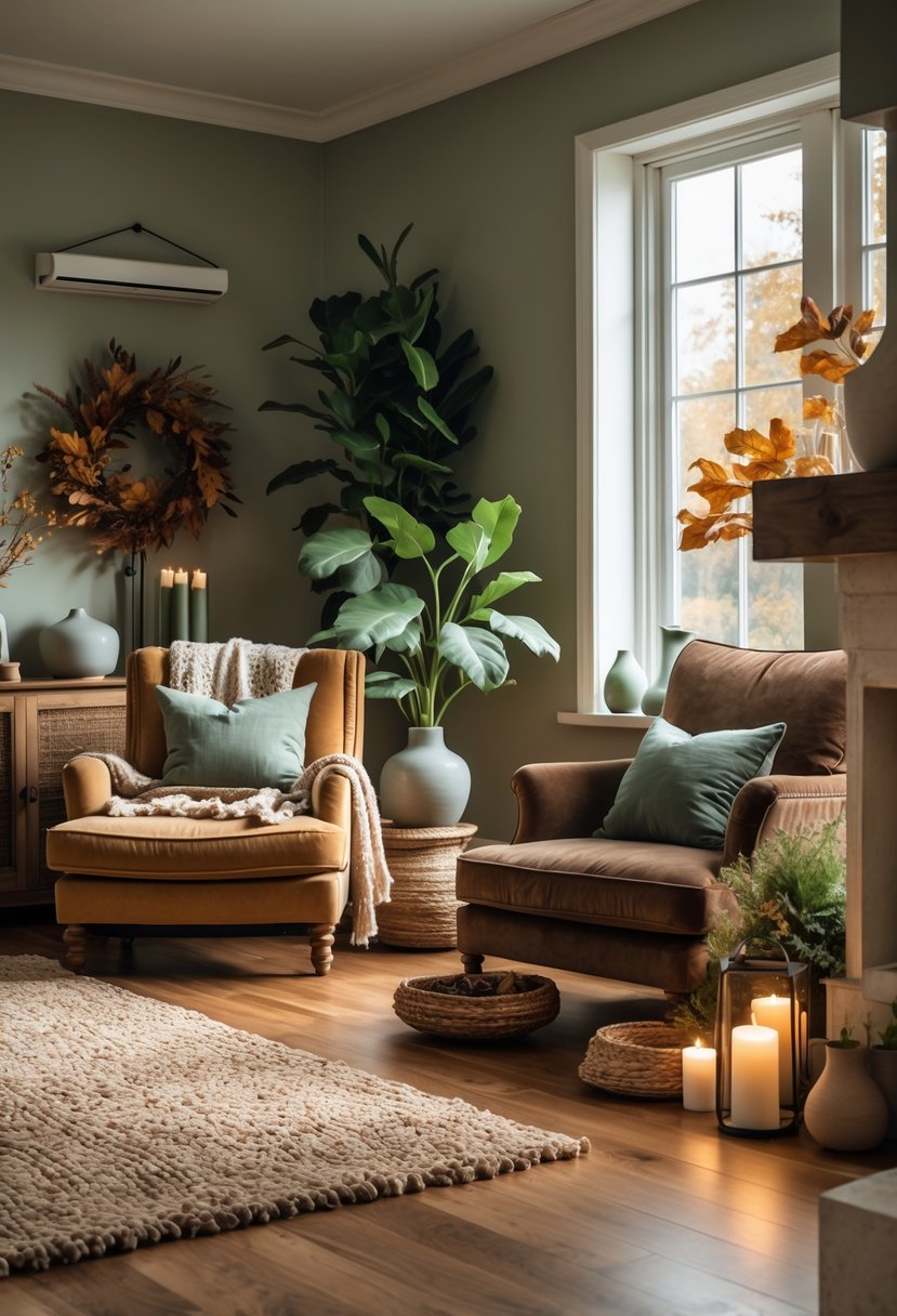 A warm and inviting living room with brown wooden furniture and soft green accents, decorated with plants and autumnal elements.